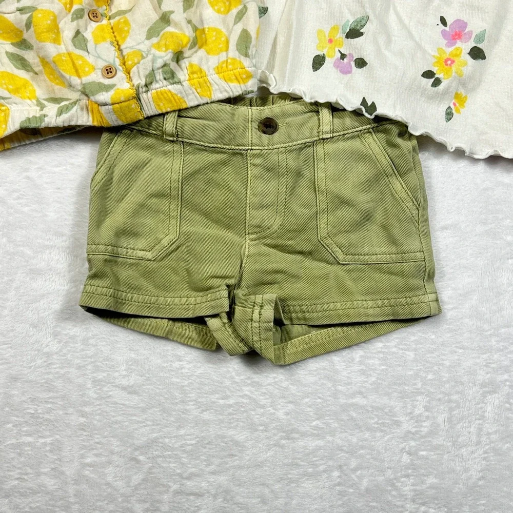 Cat & Jack Girls 3pc Summer Set 18M Lemon Floral Tops Olive Green Shorts
